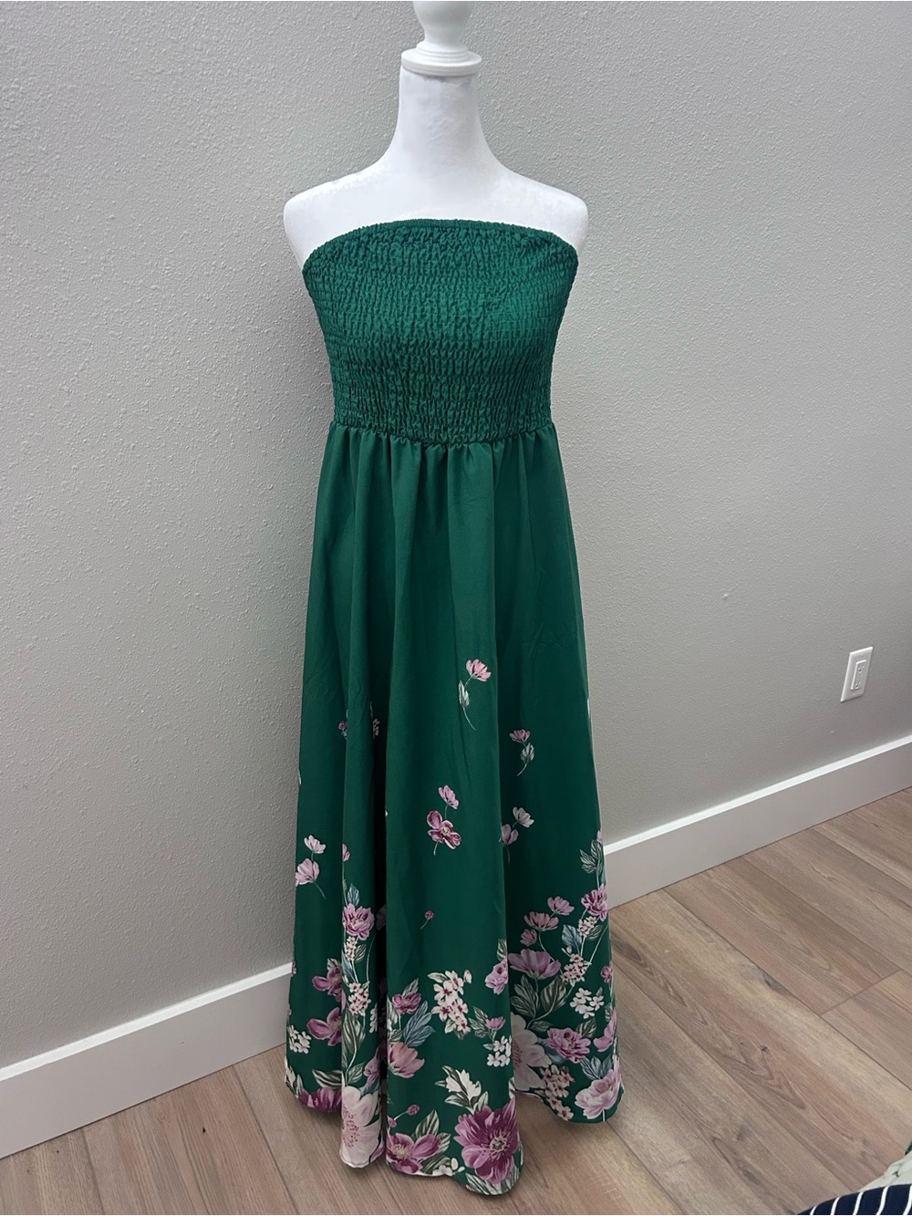 Emerald Green Strapless Smocked Floral Maxi Dress